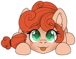 Size: 1342x1050 | Tagged: safe, alternate character, alternate version, artist:rokosmith26, oc, oc only, oc:pumpkin patch, earth pony, pony, :p, cheek fluff, chibi, commission, cute, ear fluff, earth pony oc, eye clipping through hair, eyebrows, eyebrows visible through hair, female, hairband, looking at you, lying down, mare, simple background, solo, tongue out, transparent background, wingding eyes, ych result