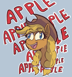 Size: 809x873 | Tagged: safe, artist:radicalweegee, applejack, earth pony, pony, g4, apple, cowboy hat, derp, female, food, gray background, hat, mare, silly, silly pony, simple background, that pony sure does love apples, who's a silly pony, wrong eye color