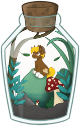 Size: 2084x3272 | Tagged: safe, alternate character, alternate version, artist:rokosmith26, oc, oc only, oc:acres, earth pony, pony, bottle, cheek fluff, chest fluff, commission, cork, cowboy hat, cute, earth pony oc, grass, hat, high res, leaves, looking up, male, markings, micro, mushroom, ocbetes, plant, plants, pony in a bottle, simple background, sitting, smiling, stallion, transparent background, trapped, ych result