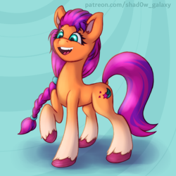 Size: 2250x2250 | Tagged: safe, artist:shad0w-galaxy, sunny starscout, earth pony, pony, g5, braid, coat markings, colored hooves, cute, cutie mark, female, high res, mare, open mouth, simple background, smiling, socks (coat markings), unshorn fetlocks