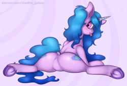 Size: 3300x2250 | Tagged: safe, artist:shad0w-galaxy, izzy moonbow, pony, unicorn, g5, :p, adorasexy, blushing, both cutie marks, butt, cute, dock, featureless crotch, female, frog (hoof), high res, izzy moonbutt, looking at you, looking back, looking back at you, mare, plot, sexy, simple background, solo, tail aside, tongue out, underhoof