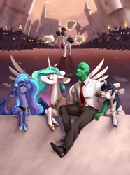 Size: 2072x2780 | Tagged: safe, artist:28gooddays, princess celestia, princess luna, raven, oc, oc:anon, alicorn, human, unicorn, fanfic:all's fair in love and war, g4, angry, angry mob, bowtie, canterlot, clothes, crown, ear fluff, eyes closed, fanfic, fanfic art, fanfic cover, female, glasses, glowing, glowing horn, green skin, hair bun, high res, hoof shoes, horn, jewelry, looking up, magic, magic aura, male, mare, necktie, pants, paper, paperwork, peytral, pitchfork, regalia, silhouette, spread wings, suit, telekinesis, torch, wings, yellow eyes