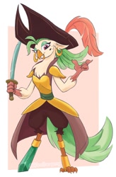Size: 787x1200 | Tagged: safe, artist:aanotherpony, captain celaeno, bird, parrot, anthro, g4, amputee, beauty mark, clothes, ear piercing, earring, female, hat, jewelry, piercing, pirate hat, prosthetic limb, prosthetics, solo, sword, weapon