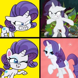 Size: 1300x1300 | Tagged: safe, edit, edited screencap, screencap, mean rarity, rarity, pony, unicorn, bad thing no. 3, friendship is magic, g4, g4.5, my little pony: pony life, the mean 6, angry, antagonist, bipedal, clone, drama, floppy ears, gritted teeth, hotline bling, meme, one eye closed, pursuit, rage, rarirage, simple background, villains of equestria, wink, yellow background