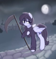 Size: 1524x1626 | Tagged: safe, artist:flixanoa, oc, oc only, oc:grim, pegasus, pony, clothes, hoodie, moon, night, scythe, solo