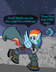 Size: 2550x3300 | Tagged: safe, artist:vareb, rainbow dash, ghost, pegasus, pony, undead, g4, cape, clothes, crossover, destiny, destiny (video game), gun, high res, knife, moon, running, smiling, solo, text, weapon