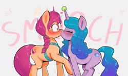 Size: 1953x1166 | Tagged: safe, artist:another_pony, izzy moonbow, sunny starscout, earth pony, pony, unicorn, g5, my little pony: a new generation, bag, ball, blushing, duo, eyes closed, female, gray background, heart, heart eyes, horn, horn impalement, hornball, izzy's tennis ball, kiss on the lips, kissing, lesbian, mare, raised hoof, satchel, ship:moonscout, shipping, simple background, smooch, smooching, surprise kiss, surprised, tennis ball, text, white background, wingding eyes