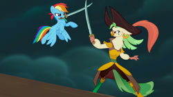 Size: 1280x720 | Tagged: safe, screencap, captain celaeno, rainbow dash, bird, parrot, pegasus, pony, g4, my little pony: the movie, official, cloud, cloudy, cutlass, duo, female, flying, mare, netflix, pirate, swashbuckler, sword, weapon