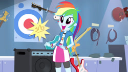 Size: 3410x1920 | Tagged: safe, screencap, rainbow dash, equestria girls, g4, guitar centered, my little pony equestria girls: rainbow rocks, big eyes, bike shorts, clothes, cute, cutie mark, cutie mark on clothes, dashabetes, female, gasp, high res, looking at something, multicolored hair, open mouth, open smile, rainbow hair, short-sleeved jacket, skirt, smiling, solo, wristband