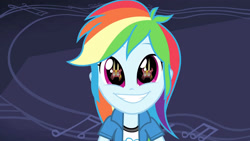 Size: 3410x1920 | Tagged: safe, screencap, rainbow dash, equestria girls, g4, guitar centered, my little pony equestria girls: rainbow rocks, clothes, cute, cutie mark, cutie mark on clothes, dashabetes, eye reflection, faic, female, grin, high res, reflection, smiling, solo