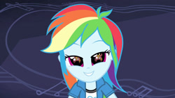 Size: 3410x1920 | Tagged: safe, screencap, rainbow dash, equestria girls, g4, guitar centered, my little pony equestria girls: rainbow rocks, clothes, cute, cutie mark, cutie mark on clothes, dashabetes, eye reflection, female, grin, high res, reflection, smiling, solo