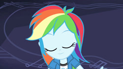 Size: 3410x1920 | Tagged: safe, screencap, rainbow dash, equestria girls, g4, guitar centered, my little pony equestria girls: rainbow rocks, clothes, cutie mark, cutie mark on clothes, eyes closed, female, high res, smiling, solo
