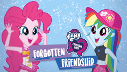 Size: 1280x720 | Tagged: safe, pinkie pie, rainbow dash, equestria girls, equestria girls specials, g4, my little pony equestria girls: better together, my little pony equestria girls: forgotten friendship, official, baseball cap, cap, clothes, duo, equestria girls logo, female, geode of sugar bombs, geode of super speed, hat, magical geodes, my little pony logo, netflix, pinkie pie swimsuit, smiling, swimsuit