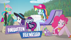 Size: 1280x720 | Tagged: safe, fluttershy, pinkie pie, rainbow dash, rarity, spike, spike the regular dog, dog, equestria girls, equestria girls specials, g4, my little pony equestria girls: better together, my little pony equestria girls: forgotten friendship, barefoot, beach, beach chair, chair, clothes, dive mask, equestria girls logo, feet, female, fluttershy's wetsuit, forest, goggles, male, my little pony logo, netflix, ocean, sandals, snorkel, swimsuit, wetsuit