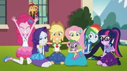 Size: 1280x720 | Tagged: safe, screencap, applejack, fluttershy, pinkie pie, rainbow dash, rarity, sci-twi, spike, spike the regular dog, sunset shimmer, twilight sparkle, dog, equestria girls, equestria girls specials, g4, my little pony equestria girls: better together, my little pony equestria girls: forgotten friendship, applejack's hat, armpits, canterlot high, cowboy hat, female, glasses, hat, humane five, humane seven, humane six, male, netflix, rarity peplum dress, sad