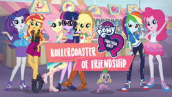 Size: 1280x720 | Tagged: safe, applejack, fluttershy, pinkie pie, rainbow dash, rarity, sci-twi, spike, spike the regular dog, sunset shimmer, twilight sparkle, dog, equestria girls, equestria girls series, g4, official, rollercoaster of friendship, applejack's hat, boots, carnival, clothes, converse, cowboy hat, equestria girls logo, female, freckles, geode of empathy, geode of shielding, geode of sugar bombs, geode of super speed, geode of super strength, geode of telekinesis, glasses, hat, high heels, humane five, humane seven, humane six, magical geodes, male, my little pony logo, netflix, pantyhose, ponytail, rarity peplum dress, sandals, shoes, skirt, sneakers, stetson
