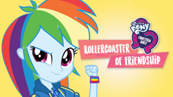 Size: 1280x720 | Tagged: safe, rainbow dash, equestria girls, equestria girls specials, g4, my little pony equestria girls: better together, my little pony equestria girls: rollercoaster of friendship, equestria girls logo, female, gradient background, my little pony logo, netflix, simple background, solo, yellow background