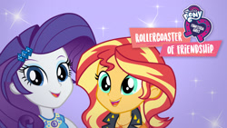 Size: 1280x720 | Tagged: safe, rarity, sunset shimmer, equestria girls, equestria girls specials, g4, my little pony equestria girls: better together, my little pony equestria girls: rollercoaster of friendship, duo, equestria girls logo, female, my little pony logo, netflix, purple background, simple background, sparkles