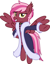 Size: 3074x3927 | Tagged: safe, artist:bnau, derpibooru exclusive, oc, oc only, oc:zeny, pegasus, pony, bipedal, clothes, coat, collar, dreamworks face, ear fluff, ear tufts, fangs, female, flying, grin, high res, mare, pegasus oc, pose, ragnarok online, show accurate, simple background, smiling, solo, spread wings, transparent background, vector, wings