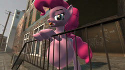 Size: 1192x670 | Tagged: safe, artist:ocsda, pinkie pie, earth pony, pony, g4, 3d, abdominal bulge, belly, big belly, female, graffiti, licking, licking lips, mare, pinkie pred, source filmmaker, tongue out, vore
