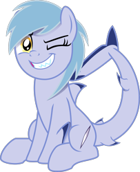 Size: 2453x3019 | Tagged: safe, artist:bnau, derpibooru exclusive, oc, oc only, oc:hatii, original species, shark, shark pony, augmented tail, female, fins, high res, mare, one eye closed, sharp teeth, show accurate, simple background, sitting, solo, teeth, transparent background, vector, wink