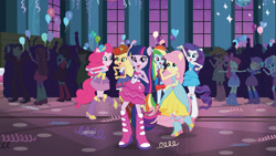 Size: 1280x720 | Tagged: safe, apple bloom, applejack, fluttershy, pinkie pie, rainbow dash, rarity, scootaloo, sweetie belle, twilight sparkle, equestria girls, g4, my little pony equestria girls, bare shoulders, cutie mark crusaders, fall formal outfits, female, humane five, humane six, netflix, ponied up, sleeveless, strapless