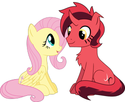 Size: 2827x2314 | Tagged: safe, artist:starshade, derpibooru exclusive, editor:bnau, fluttershy, oc, oc:pure red, pegasus, pony, g4, base used, canon x oc, chest fluff, female, high res, looking at each other, male, mare, open mouth, shipping, simple background, sitting, smiling, stallion, transparent background