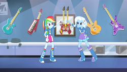 Size: 3410x1920 | Tagged: safe, screencap, rainbow dash, trixie, equestria girls, g4, guitar centered, my little pony equestria girls: rainbow rocks, bike shorts, boots, clothes, cutie mark, cutie mark on clothes, duo, face to face, female, guitar, high res, huh, jacket, multicolored hair, musical instrument, rainbow hair, shoes, short-sleeved jacket, skirt