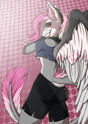 Size: 2480x3508 | Tagged: safe, artist:philfox, oc, oc only, oc:cherry feather, hippogriff, anthro, abstract background, ass, butt, clothes, collar, cosplay, costume, female, hellaverse, helluva boss, high res, leonine tail, looking at you, looking back, looking back at you, loona (helluva boss), pale belly, solo, spread wings, tail fluff, white belly, wings