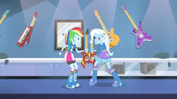 Size: 3410x1920 | Tagged: safe, screencap, rainbow dash, trixie, equestria girls, g4, guitar centered, my little pony equestria girls: rainbow rocks, boots, clothes, cutie mark, cutie mark on clothes, female, guitar, high res, musical instrument, shoes
