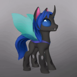 Size: 1000x1000 | Tagged: safe, artist:takibex, oc, oc only, oc:swift dawn, changeling, pony, 3d, animated, blue changeling, changeling wings, commission, fangs, featureless crotch, gray background, horn, male, perfect loop, simple background, solo, stallion, transparent wings, webm, wings, ych result