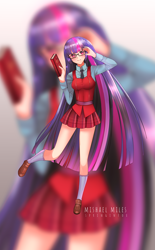 Size: 3800x6129 | Tagged: safe, artist:springinfox, sci-twi, twilight sparkle, human, absurd resolution, anime style, book, clothes, crystal prep academy uniform, female, humanized, long hair, school uniform, solo, wrong eye color, zoom layer