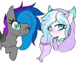 Size: 3277x2713 | Tagged: safe, artist:pure red, oc, oc only, oc:astralis, oc:lyssa, bat pony, chest fluff, clothes, collar, high res, hoodie, one eye closed, raised hoof, simple background, transparent background, wink
