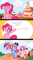 Size: 1748x3170 | Tagged: safe, artist:khimi-chan, pinkie pie, oc, oc:neigh-apolitan, cat, earth pony, pegasus, pony, unicorn, g4, bow, bust, cake, comic, female, food, hair bow, horn, mare, one eye closed, pegasus oc, smiling, two toned wings, unicorn oc, unshorn fetlocks, wings, wink
