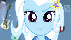 Size: 3410x1920 | Tagged: safe, screencap, trixie, equestria girls, g4, guitar centered, my little pony equestria girls: rainbow rocks, close-up, face, female, high res, smiling, solo