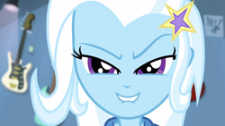 Size: 3410x1920 | Tagged: safe, screencap, trixie, equestria girls, g4, guitar centered, my little pony equestria girls: rainbow rocks, close-up, evil grin, female, grin, high res, lidded eyes, lip bite, looking at you, smiling, solo