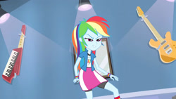 Size: 3410x1920 | Tagged: safe, screencap, rainbow dash, equestria girls, g4, guitar centered, my little pony equestria girls: rainbow rocks, bike shorts, blue skin, clothes, cutie mark, cutie mark on clothes, determined smile, female, guitar, high res, kneesocks, multicolored hair, musical instrument, narrowed eyes, pink eyes, rainbow hair, shirt, short-sleeved jacket, skirt, smiling, socks, solo, teeth, wristband