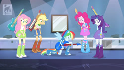 Size: 3410x1920 | Tagged: safe, screencap, applejack, fluttershy, pinkie pie, rainbow dash, rarity, equestria girls, g4, guitar centered, my little pony equestria girls: rainbow rocks, applejack's hat, boots, bracelet, clothes, cowboy hat, cutie mark, cutie mark on clothes, eyes closed, female, guitar, hairpin, hat, high res, humane five, jewelry, musical instrument, ponied up, shoes, spread wings, wings