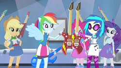 Size: 3410x1920 | Tagged: safe, screencap, applejack, dj pon-3, pinkie pie, rainbow dash, rarity, vinyl scratch, equestria girls, guitar centered, rainbow rocks, applejack's hat, boots, bracelet, clothes, cowboy hat, cute, cutie mark, cutie mark on clothes, dashabetes, eyes closed, female, grin, guitar, hairpin, hand on hip, hat, high res, jewelry, musical instrument, ponied up, shoes, smiling, spread wings, wings