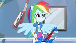 Size: 3410x1920 | Tagged: safe, screencap, rainbow dash, equestria girls, g4, guitar centered, my little pony equestria girls: rainbow rocks, clothes, cutie mark, cutie mark on clothes, female, guitar, high res, musical instrument, ponied up, smiling, solo, spread wings, wings