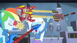 Size: 3410x1920 | Tagged: safe, screencap, rainbow dash, trixie, equestria girls, g4, guitar centered, my little pony equestria girls: rainbow rocks, clothes, cutie mark, cutie mark on clothes, eyes closed, female, guitar, high res, musical instrument, open mouth, ponied up, smiling, spread wings, wings