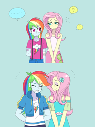 Size: 1620x2160 | Tagged: safe, artist:haibaratomoe, fluttershy, rainbow dash, equestria girls, g4, my little pony equestria girls: better together, age progression, bandage, bandaid, blushing, clothes, cute, cutie mark, cutie mark on clothes, dashabetes, dress, duo, eyes closed, eyeshadow, female, fluttershy boho dress, grin, height difference, hoodie, lesbian, makeup, ship:flutterdash, shipping, shirt, shy, shyabetes, size difference, skirt, smiling, suspenders, t-shirt, tank top, younger