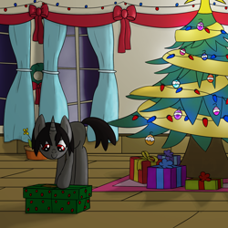 Size: 1992x1992 | Tagged: safe, artist:librarylonging, part of a set, oc, oc only, oc:ada, pony, unicorn, bow, bowtie, christmas, christmas lights, christmas ornament, christmas star, christmas tree, d'lirium, decoration, holiday, present, solo, streamers, tree