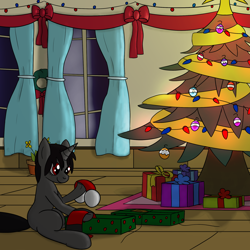 Size: 1992x1992 | Tagged: safe, artist:librarylonging, part of a set, oc, oc only, oc:ada, pony, unicorn, bow, bowtie, christmas, christmas lights, christmas ornament, christmas star, christmas tree, clothes, d'lirium, decoration, ear warmers, holiday, present, scarf, sitting, solo, streamers, tree