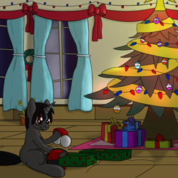 Size: 1992x1992 | Tagged: safe, artist:librarylonging, part of a set, oc, oc only, oc:ada, pony, unicorn, bow, bowtie, christmas, christmas lights, christmas ornament, christmas star, christmas tree, clothes, curtains, d'lirium, decoration, ear warmers, holiday, present, scarf, sitting, solo, streamers, tree, window, winter