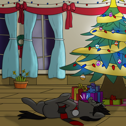 Size: 1992x1992 | Tagged: safe, artist:librarylonging, part of a set, oc, oc only, oc:ada, pony, unicorn, bow, bowtie, christmas, christmas lights, christmas ornament, christmas star, christmas tree, clothes, curtains, d'lirium, decoration, ear warmers, excited, eyes closed, holiday, lying down, on back, open mouth, present, scarf, solo, streamers, tree, window, winter, yelling