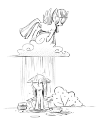 Size: 610x763 | Tagged: safe, artist:mellodillo, blossomforth, blueberry baskets, pegasus, pony, g4, basket, black and white, bush, cloud, duo, female, grayscale, mare, monochrome, on a cloud, rain, simple background, standing on a cloud, unamused, wet, wet mane, white background