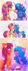 Size: 2528x6232 | Tagged: safe, artist:another_pony, artist:joakaha, artist:p0nyplanet, edit, editor:secretbronyx, izzy moonbow, sunny starscout, earth pony, pony, unicorn, g5, my little pony: a new generation, 2021, bag, ball, blushing, composite, dialogue, duo, eye contact, eyes closed, falling in love, female, gray background, heart, holding hooves, horn, horn impalement, hornball, izzy's tennis ball, kiss on the lips, kissing, lesbian, looking at each other, mare, open mouth, satchel, ship:moonscout, shipping, simple background, smiling, smooch, smooching, sun, tennis ball, text