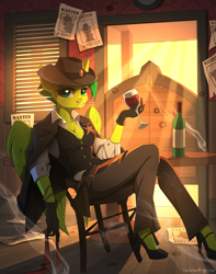 Size: 2500x3165 | Tagged: safe, artist:redchetgreen, oc, oc only, oc:evergreen feathersong, pegasus, anthro, plantigrade anthro, bullet hole, female, glass, high heels, high res, looking at you, sheriff, shoes, sitting, smiling, smiling at you, solo, wanted poster, wine glass