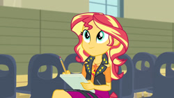 Size: 3410x1920 | Tagged: safe, screencap, sunset shimmer, equestria girls, g4, my little pony equestria girls: better together, rarity investigates: the case of the bedazzled boot, clothes, cute, cutie mark, cutie mark on clothes, female, geode of empathy, jacket, jewelry, leather, leather jacket, magical geodes, necklace, pencil, shimmerbetes, smiling, solo